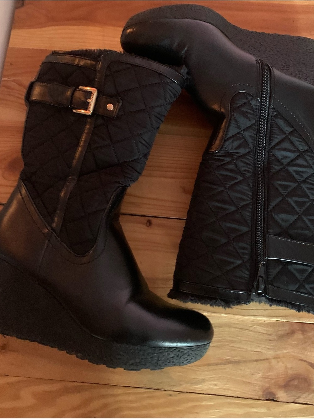 Guess Black Quilted Wedge Winter Boots with Buckle